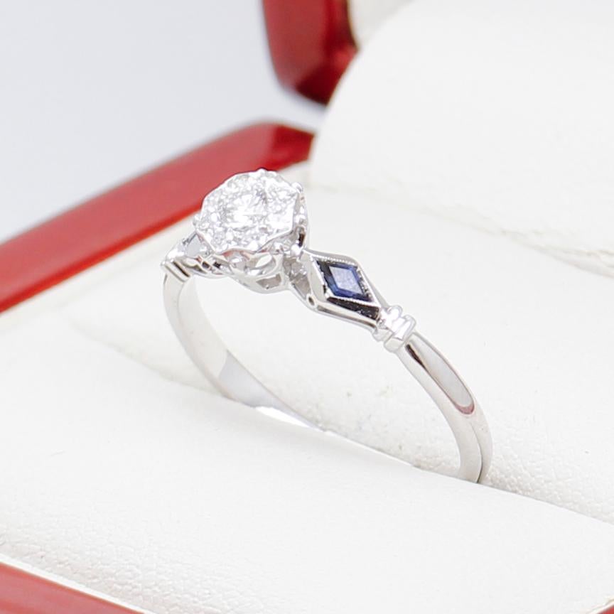 Vintage Art Deco Diamond Engagement Ring, Sapphire Shoulders 6