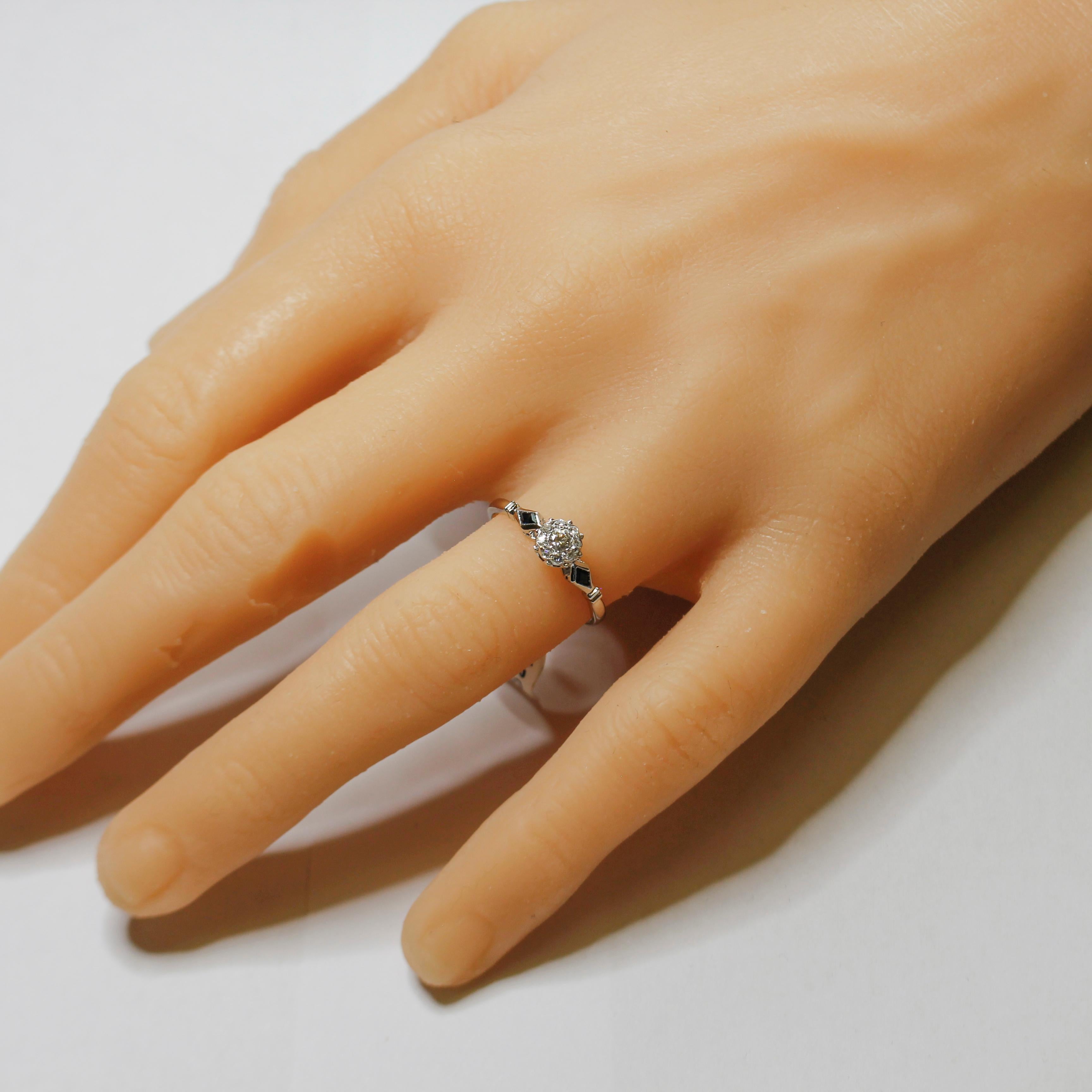 Brilliant Cut Vintage Art Deco Diamond Engagement Ring, Sapphire Shoulders