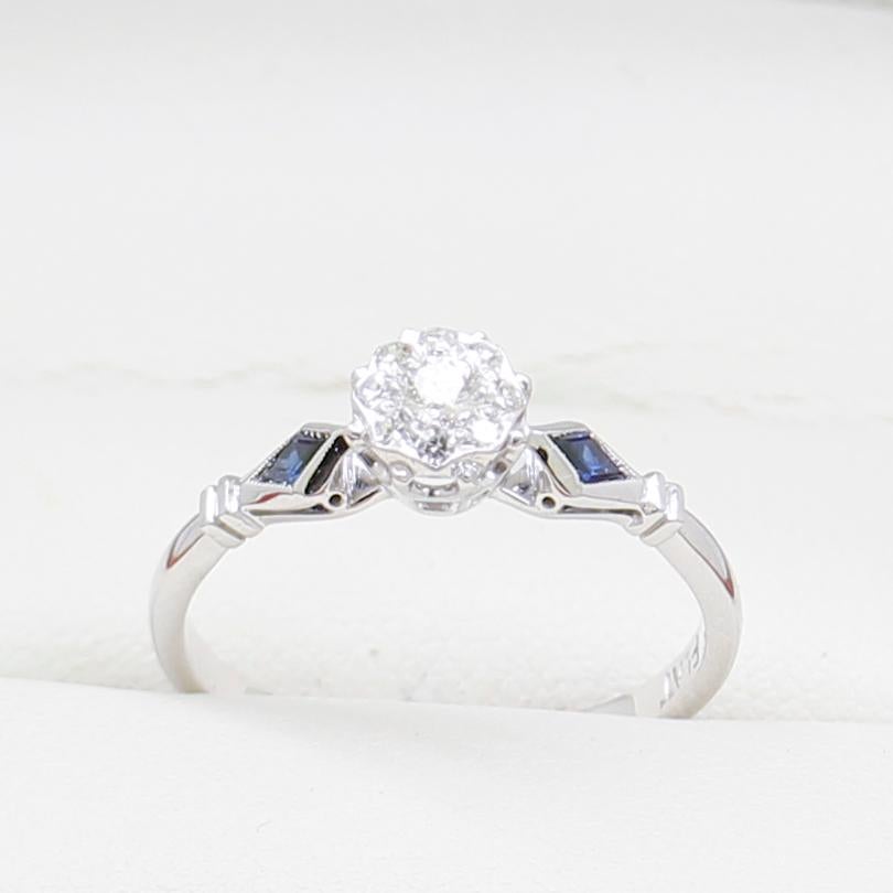Women's Vintage Art Deco Diamond Engagement Ring, Sapphire Shoulders