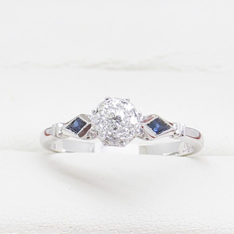 Vintage Art Deco Diamond Engagement Ring, Sapphire Shoulders 1