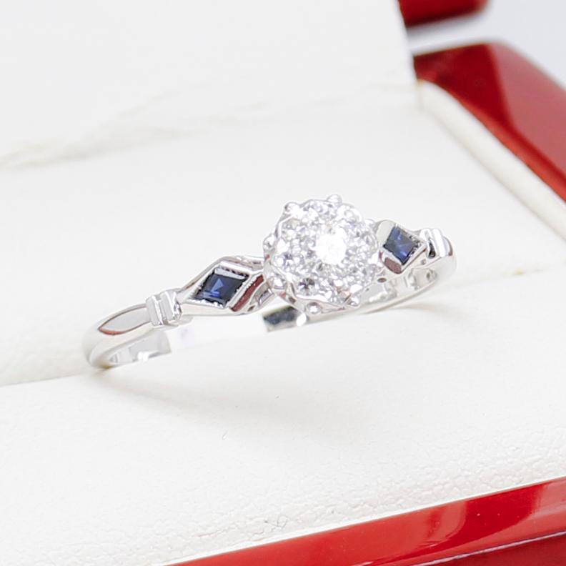 Vintage Art Deco Diamond Engagement Ring, Sapphire Shoulders 2