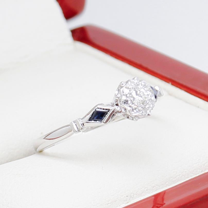 Vintage Art Deco Diamond Engagement Ring, Sapphire Shoulders 3