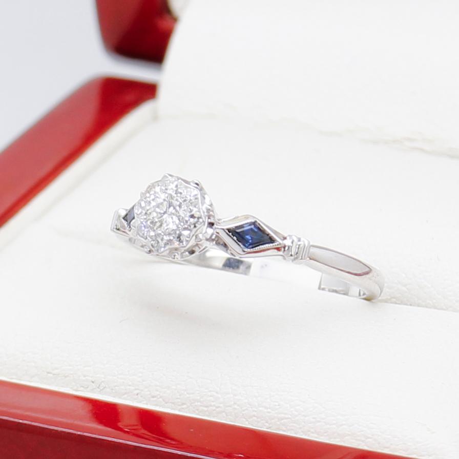 Vintage Art Deco Diamond Engagement Ring, Sapphire Shoulders 4