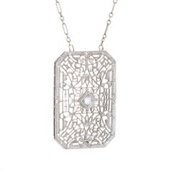 Vintage Art Deco Diamond Filigree Necklace 14k White Gold 17" Square Jewelry