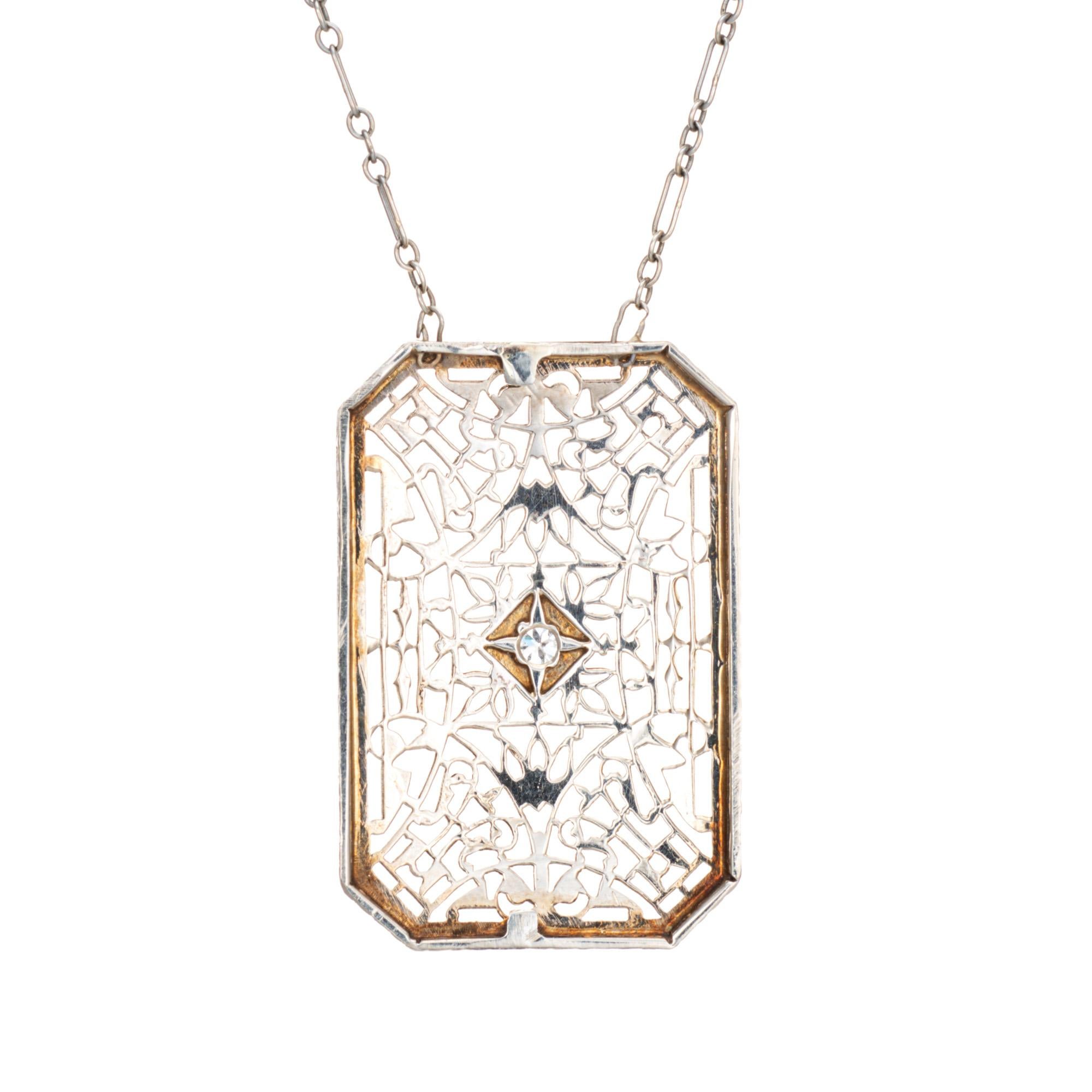 Old European Cut Vintage Art Deco Diamond Filigree Necklace 14k White Gold 17