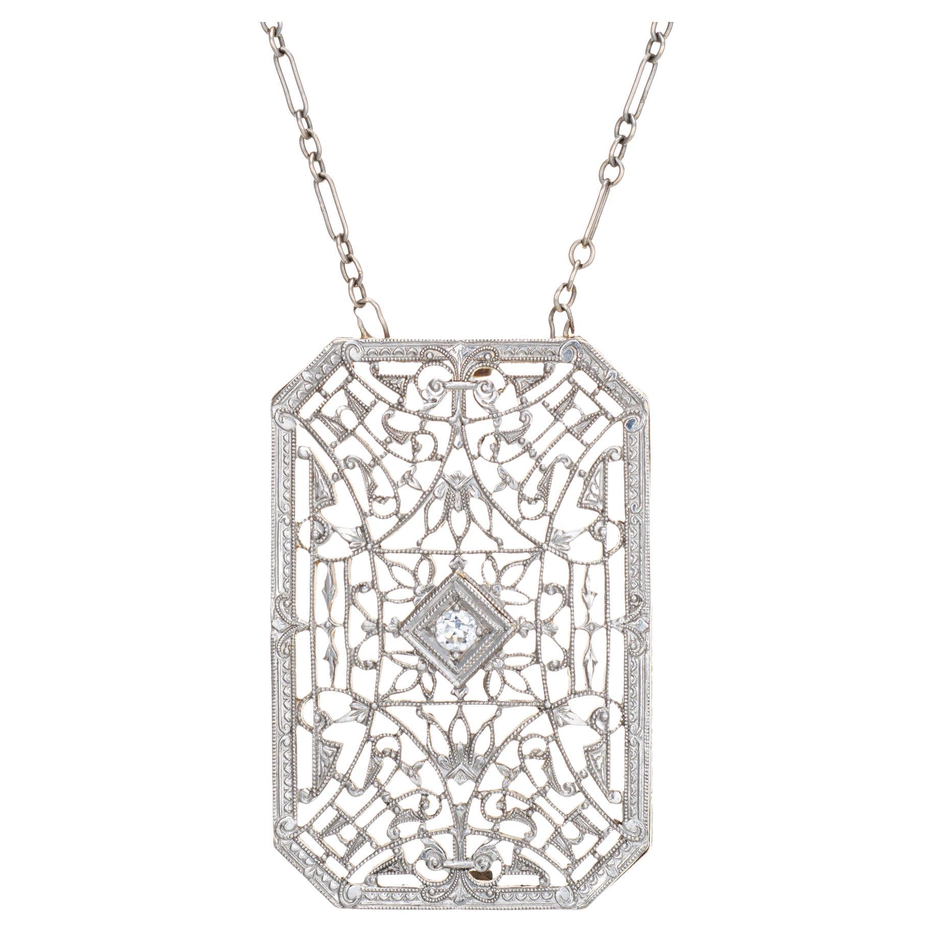 Vintage Art Deco Diamond Filigree Necklace 14k White Gold 17" Square Jewelry For Sale