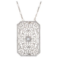 Vintage Art Deco Diamond Filigree Necklace 14k White Gold 17" Square Jewelry