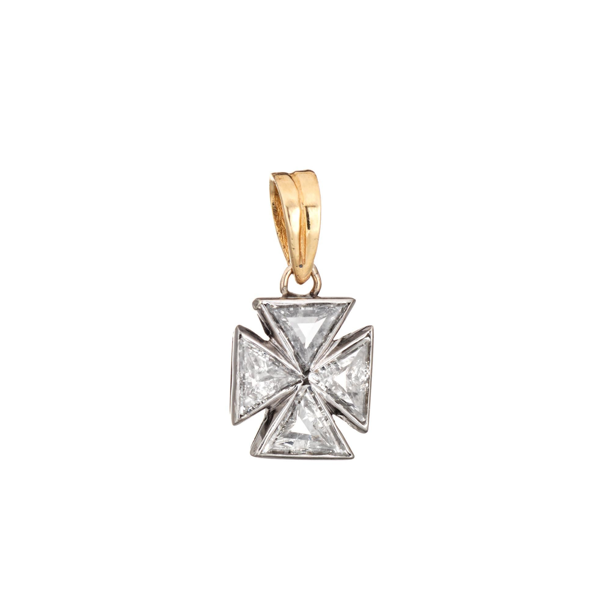 Trillion Cut Vintage Art Deco Diamond Maltese Cross Pendant Platinum 14k Gold Charm Jewelry For Sale