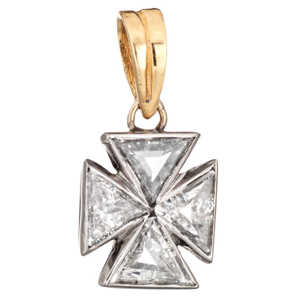 Vintage Art Deco Diamond Maltese Cross Pendant Platinum 14k Gold Charm Jewelry For Sale