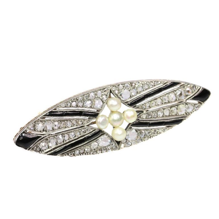 Vintage Art Deco Diamond Onyx and Pearl Brooch For Sale at 1stDibs