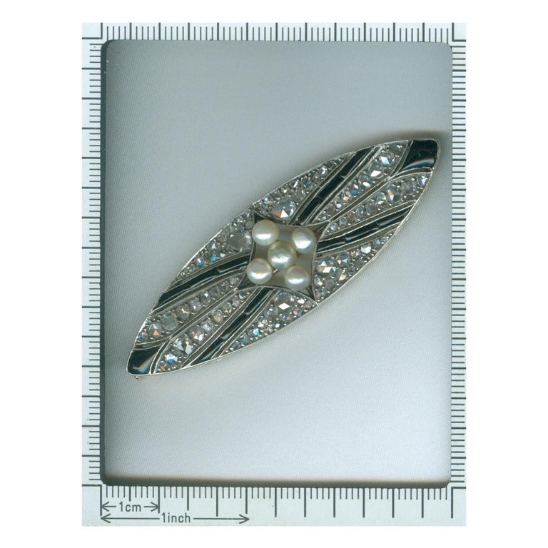 Vintage Art Deco Diamond Onyx and Pearl Brooch For Sale at 1stDibs