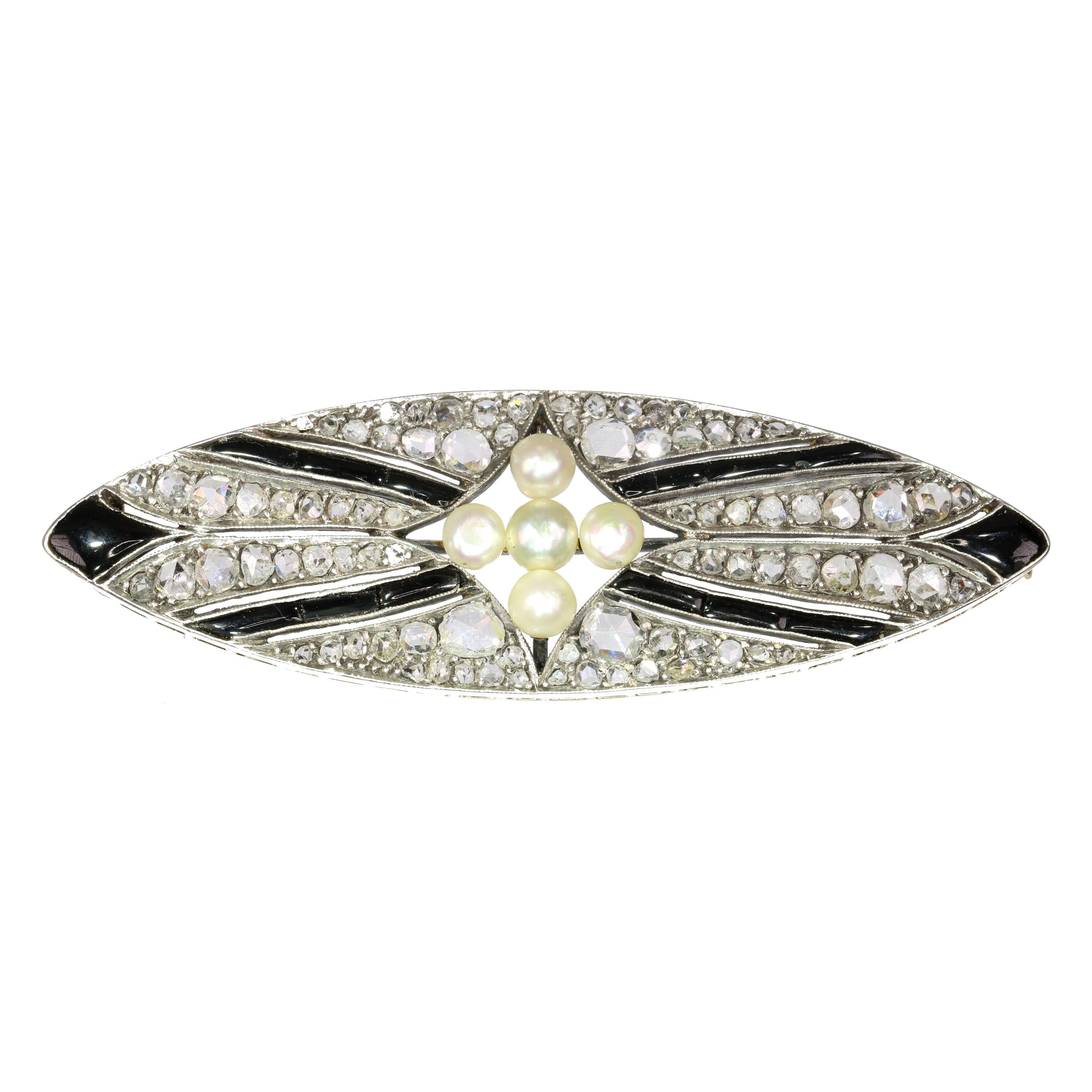Vintage Art Deco Diamond Onyx and Pearl Brooch For Sale