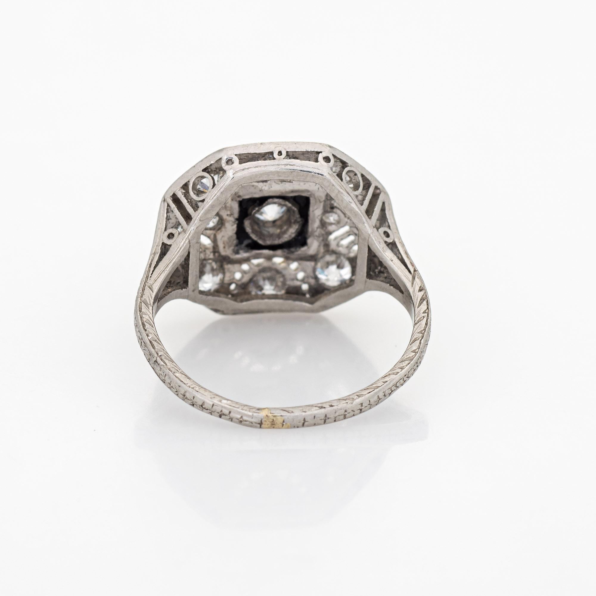 Old Mine Cut Vintage Art Deco Diamond Onyx Ring Platinum Filigree Octagon Jewelry For Sale