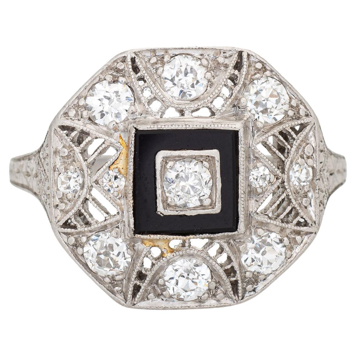 Vintage Art Deco Diamond Onyx Ring Platinum Filigree Octagon Jewelry For Sale