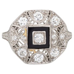 Vintage Art Deco Diamond Onyx Ring Platinum Filigree Octagon Jewelry