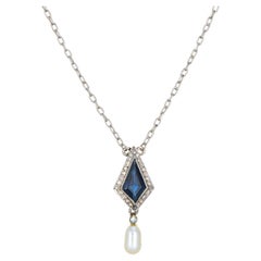 Vintage Art Deco Diamond Pearl Necklace 18k Gold Platinum Estate Jewelry