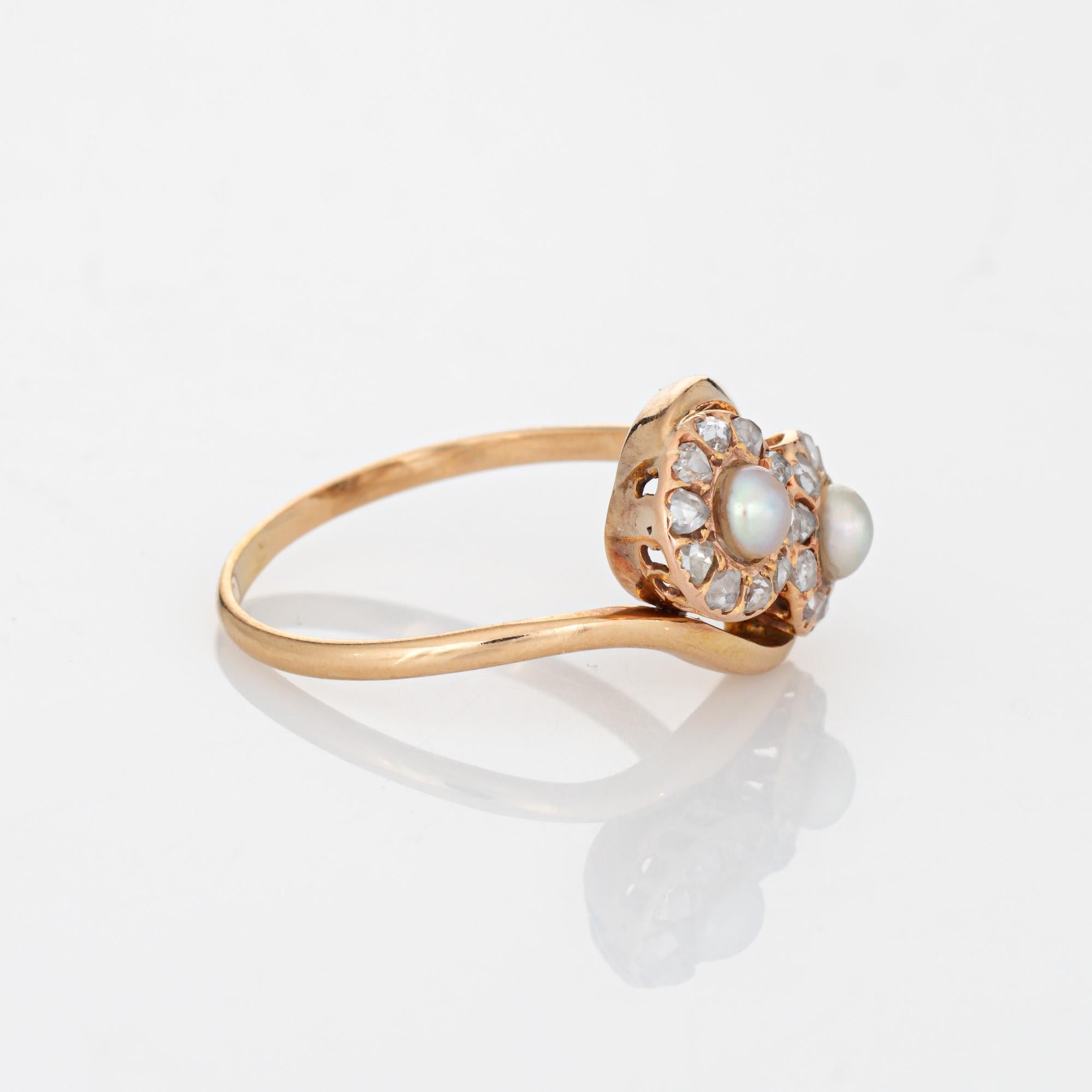 Rose Cut Vintage Art Deco Diamond Pearl Ring Moi et Toi 14k Gold Sz 9 Engagement Band For Sale