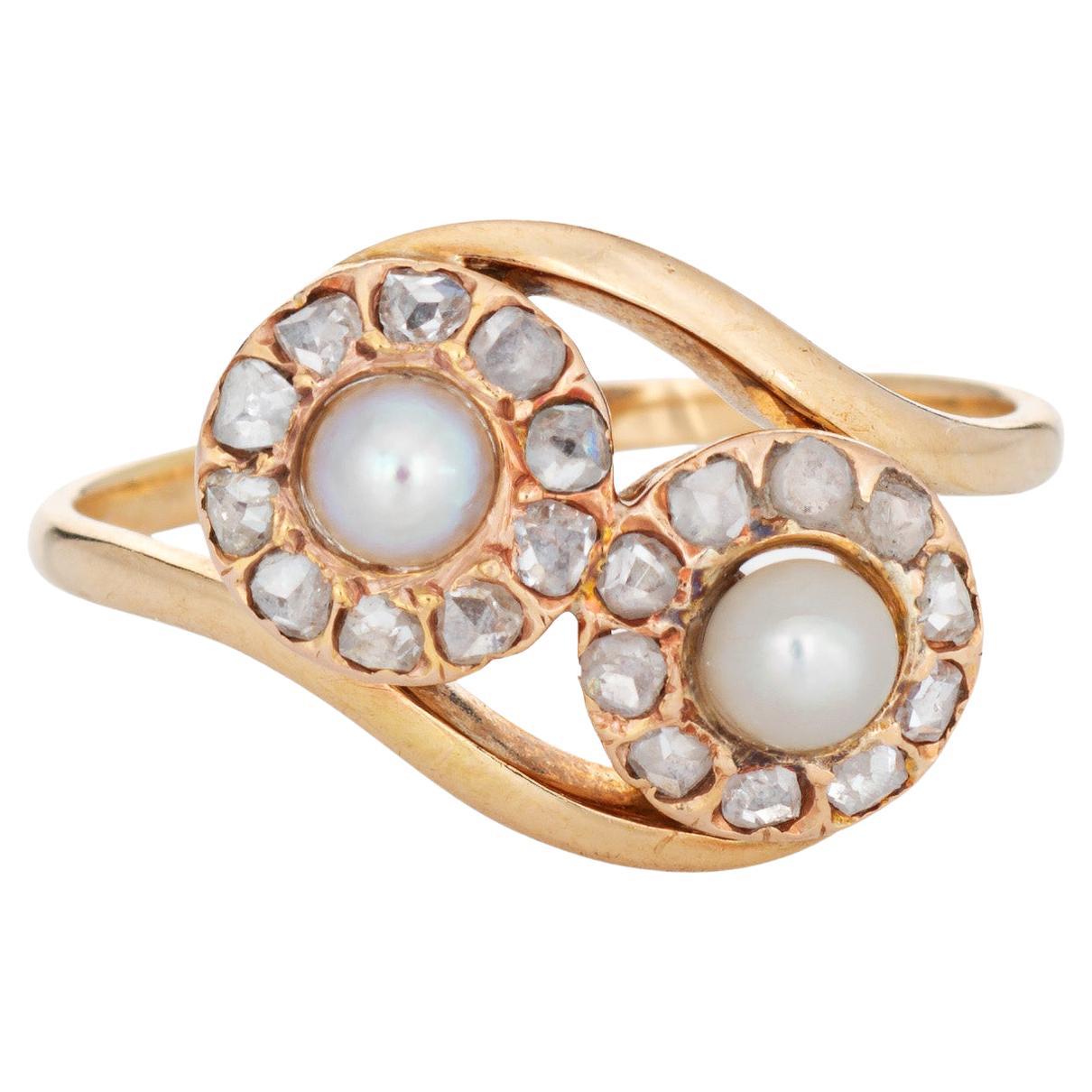 Vintage Art Deco Diamond Pearl Ring Moi et Toi 14k Gold Sz 9 Engagement Band For Sale
