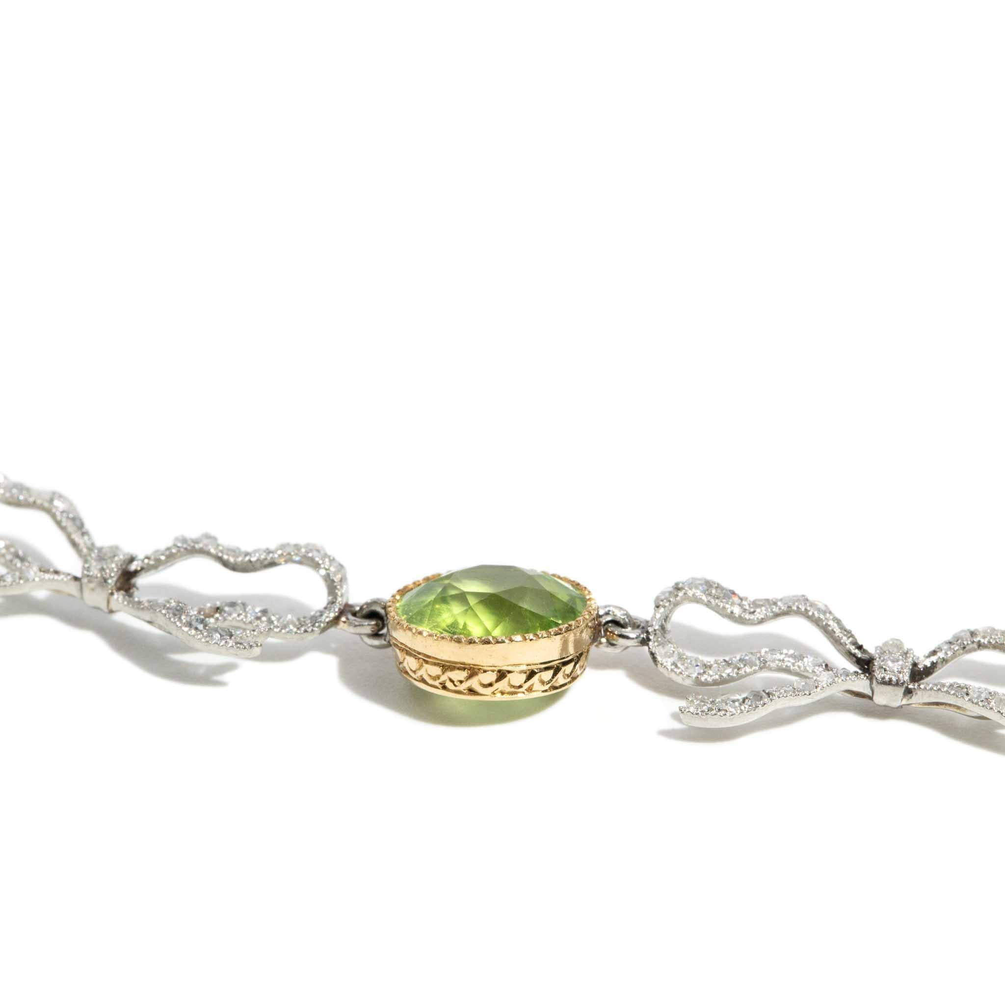 Vintage Art Deco Diamond & Peridot Bar & Bow Link Necklace 18ct & Platinum For Sale 2