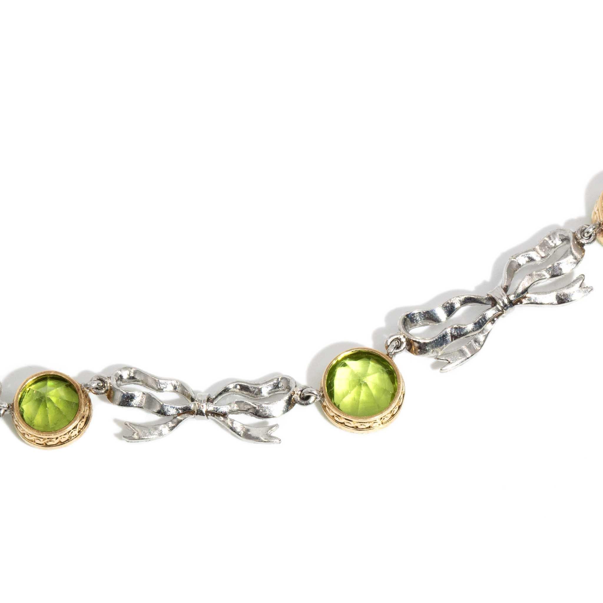 Vintage Art Deco Diamond & Peridot Bar & Bow Link Necklace 18ct & Platinum For Sale 4