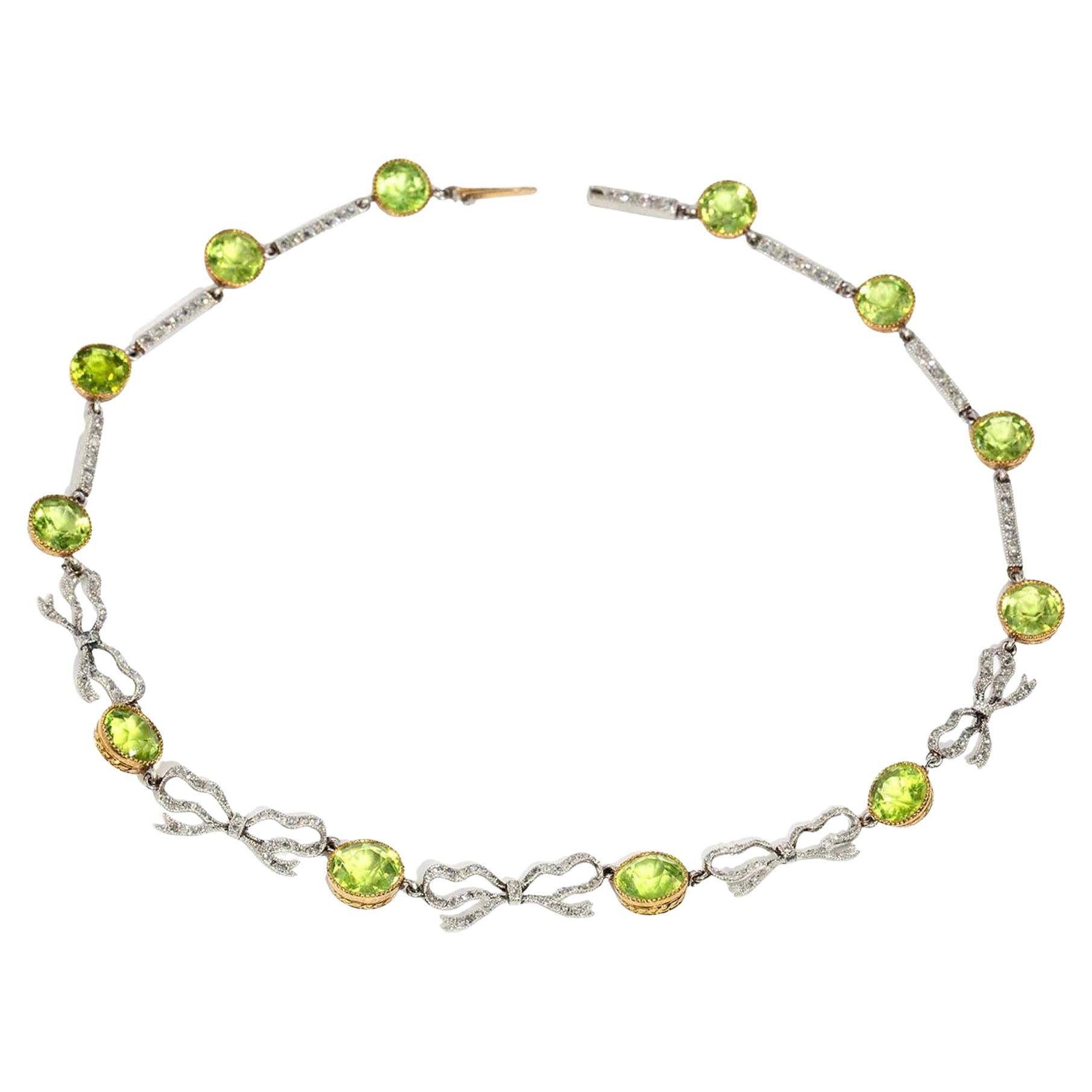 Vintage Art Deco Diamond & Peridot Bar & Bow Link Necklace 18ct & Platinum