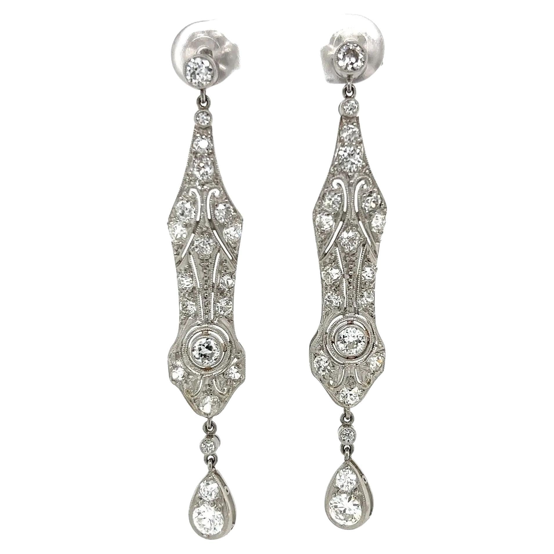 Vintage Art Deco Diamond Platinum Filigree Drop Earrings
