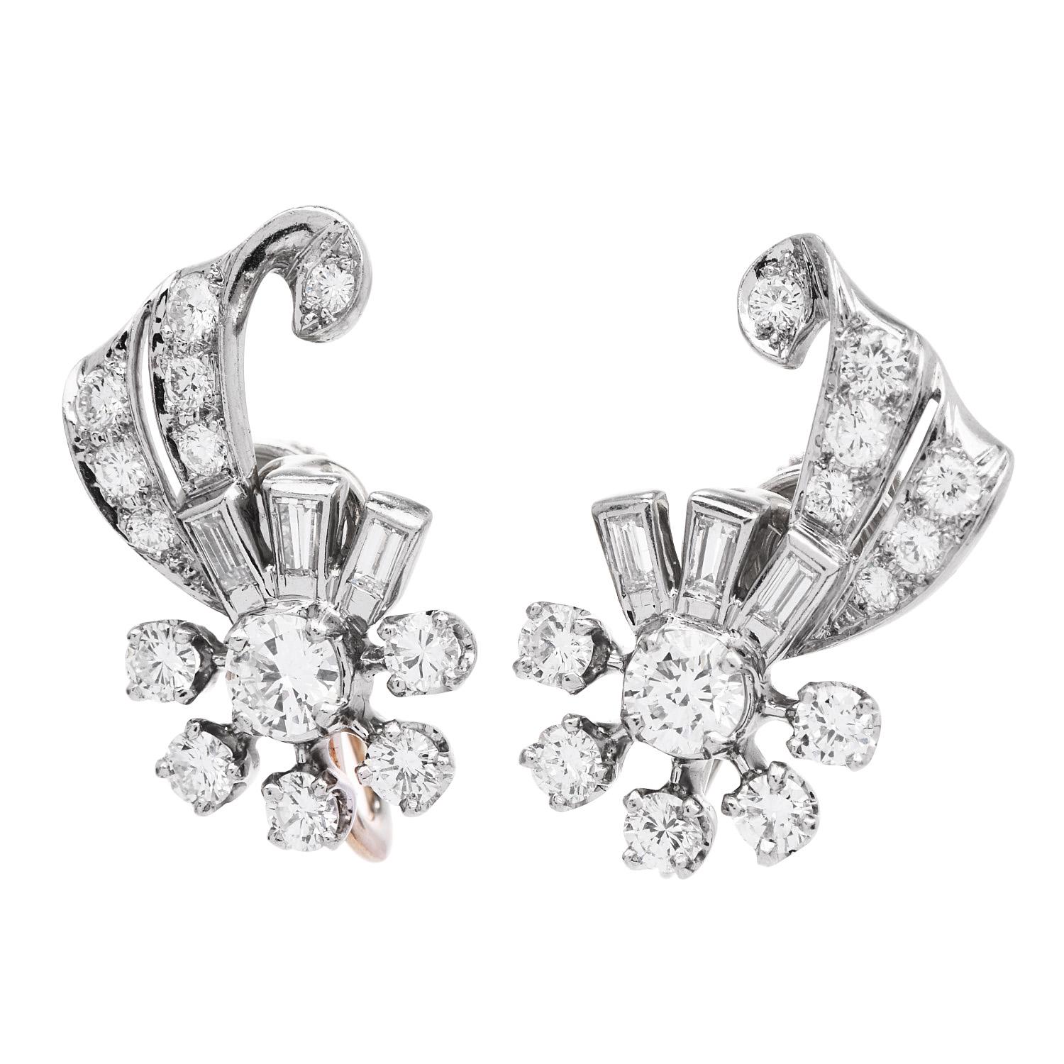 Vintage Art Deco floral & ribbon design earrings. Crafted in Solid Platinum, Complementing the look are (26) round-cut & (6) baguette-cut diamonds weighing approximately 1.90 carats (G-H color and VS clarity)

They measure approximately 21 mm x 13