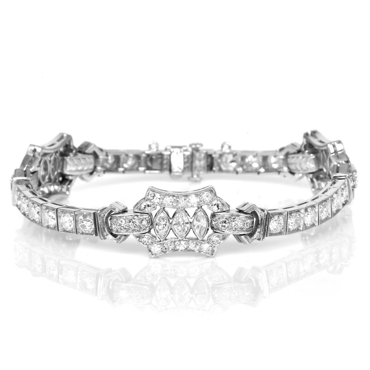 This diamond & platinum Bracelet with a refreshing and delicate Art deco Geometric design.

This vintage Deco is Expertly crafted in solid Platinum, Featuring.

(9) Genuine Diamonds Marquise cut, bezel-set, 

(20) Genuine Medium Diamonds round-cut &