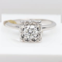 Vintage Art Deco Diamond Ring 14 Karat White Gold Round Diamond GH-SI