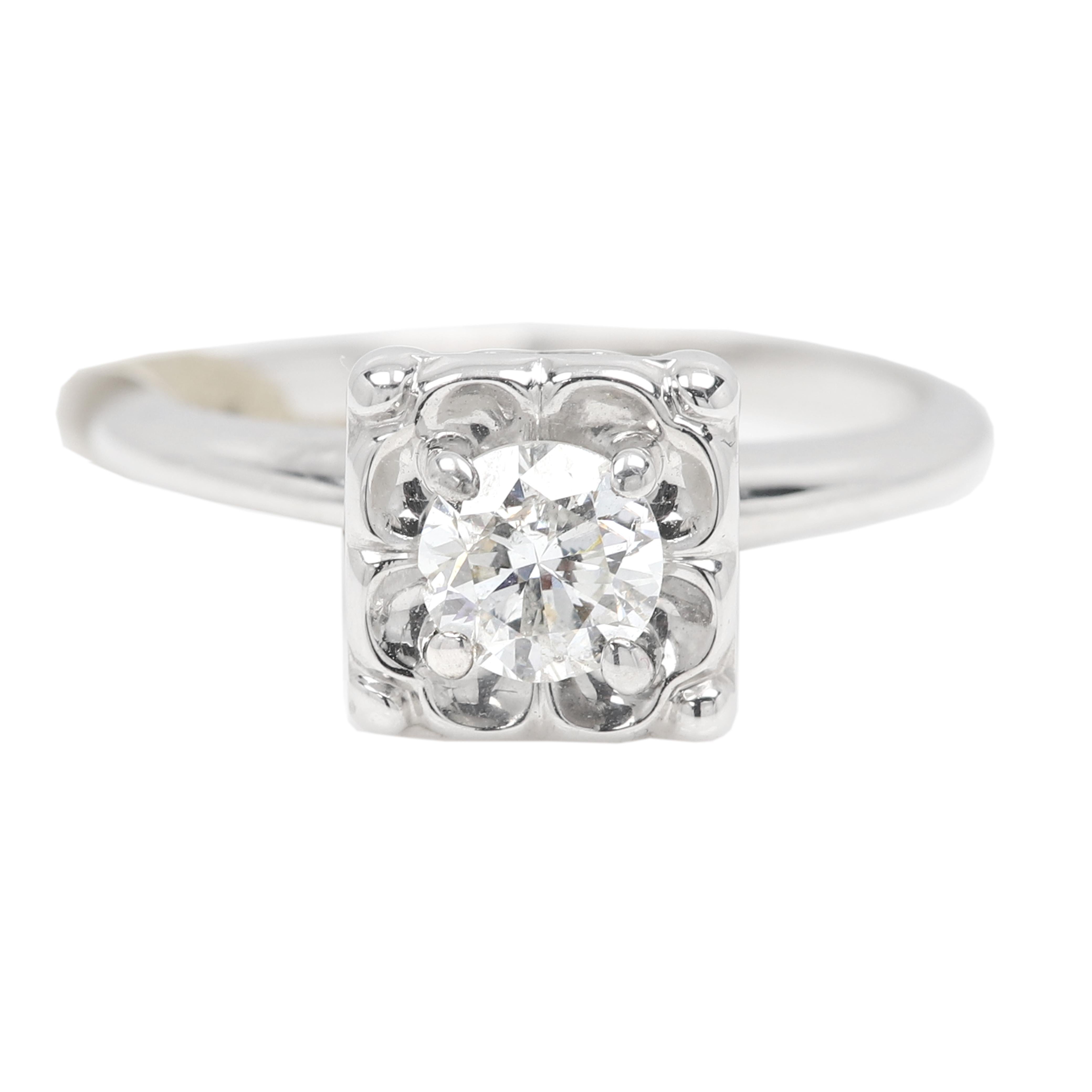 Vintage Art Deco Diamond Ring 14 Karat White Gold Round Diamond GH-SI For Sale 1