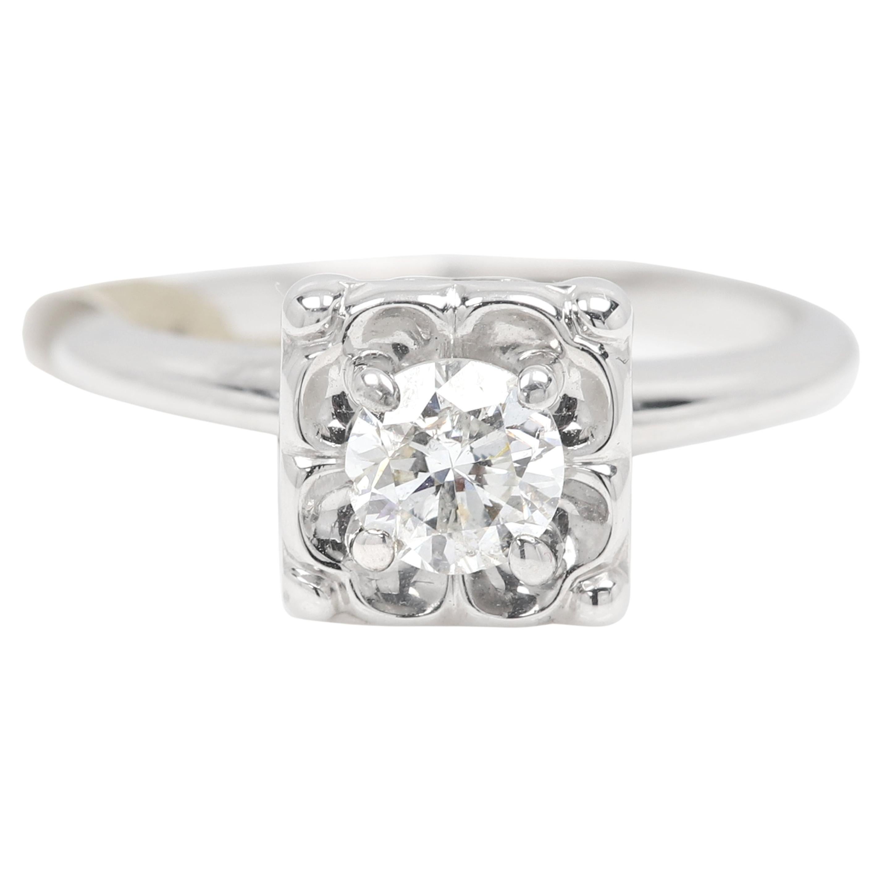 Bague Art déco vintage en or blanc 14 carats avec diamants ronds GH-SI en vente