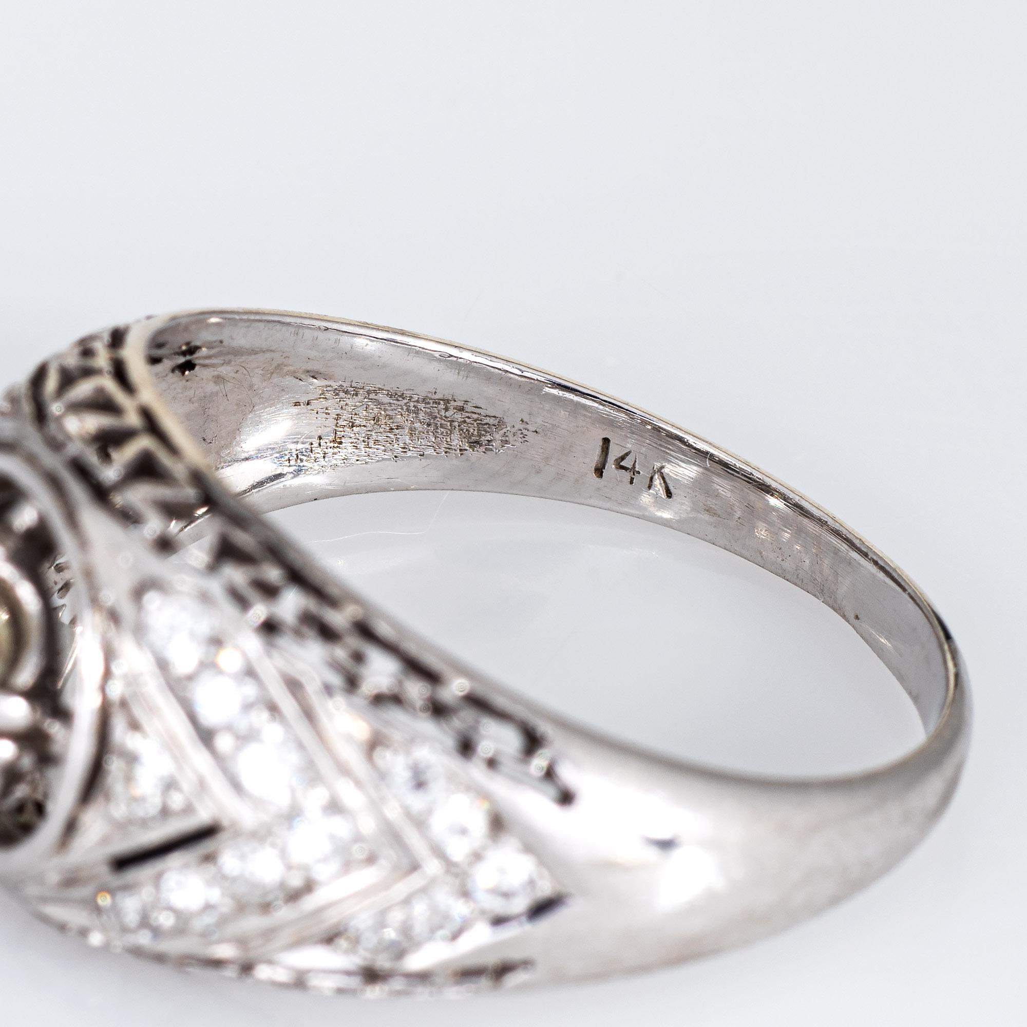Women's or Men's Vintage Art Deco Diamond Ring 14k Gold Filigree Engagement Jewelry Fine 7.5 For Sale
