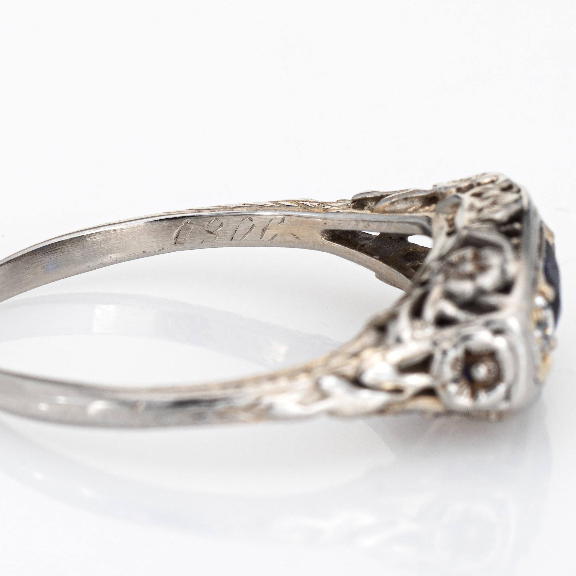 Vintage Art Deco Diamantring 18k Weißgold Französisch geschliffener Saphir feiner Schmuck 1