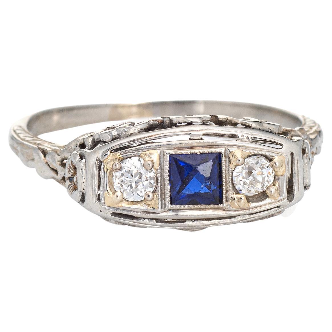 Vintage Art Deco Diamond Ring 18k White Gold French Cut Sapphire Fine Jewelry