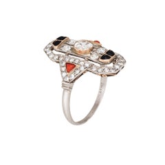 Vintage Art Deco Diamond Ring Coral Onyx Sz 9.75 Platinum Plaque Jewelry