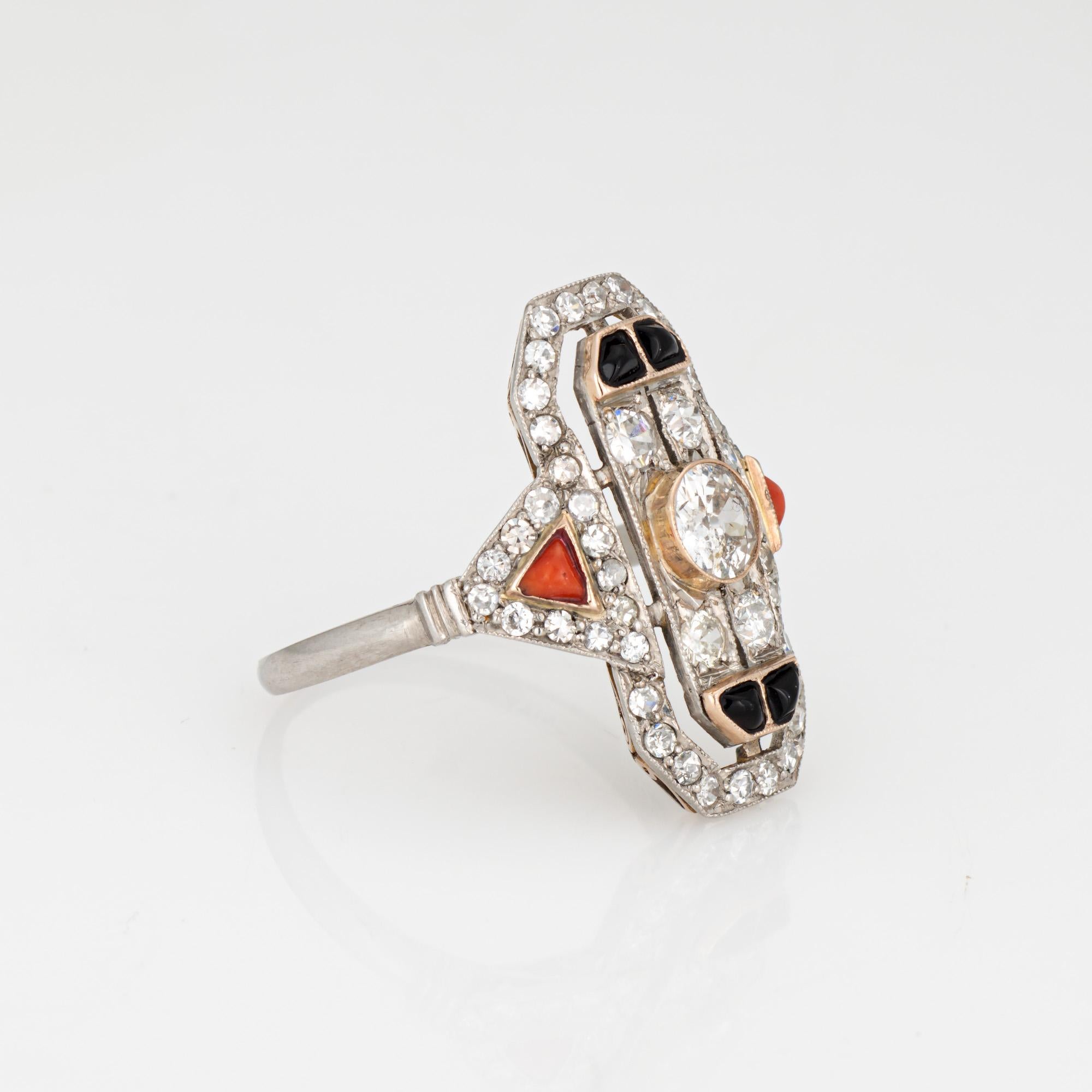Vintage Art Deco Diamant-Ring Koralle Onyx Gr. 9,75 Platin Plakettenschmuck, Vintage (Art déco) im Angebot