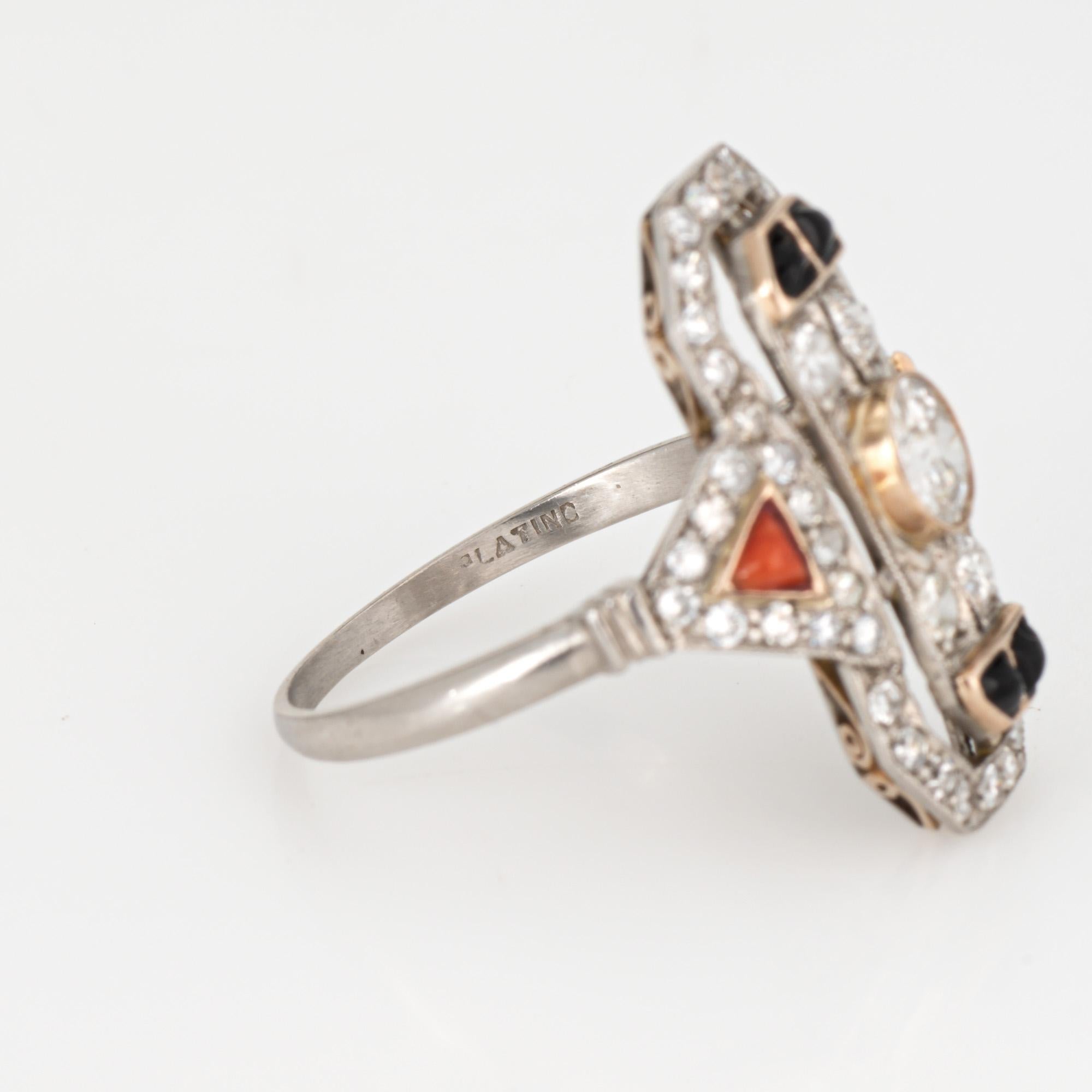 Vintage Art Deco Diamant-Ring Koralle Onyx Gr. 9,75 Platin Plakettenschmuck, Vintage im Angebot 1