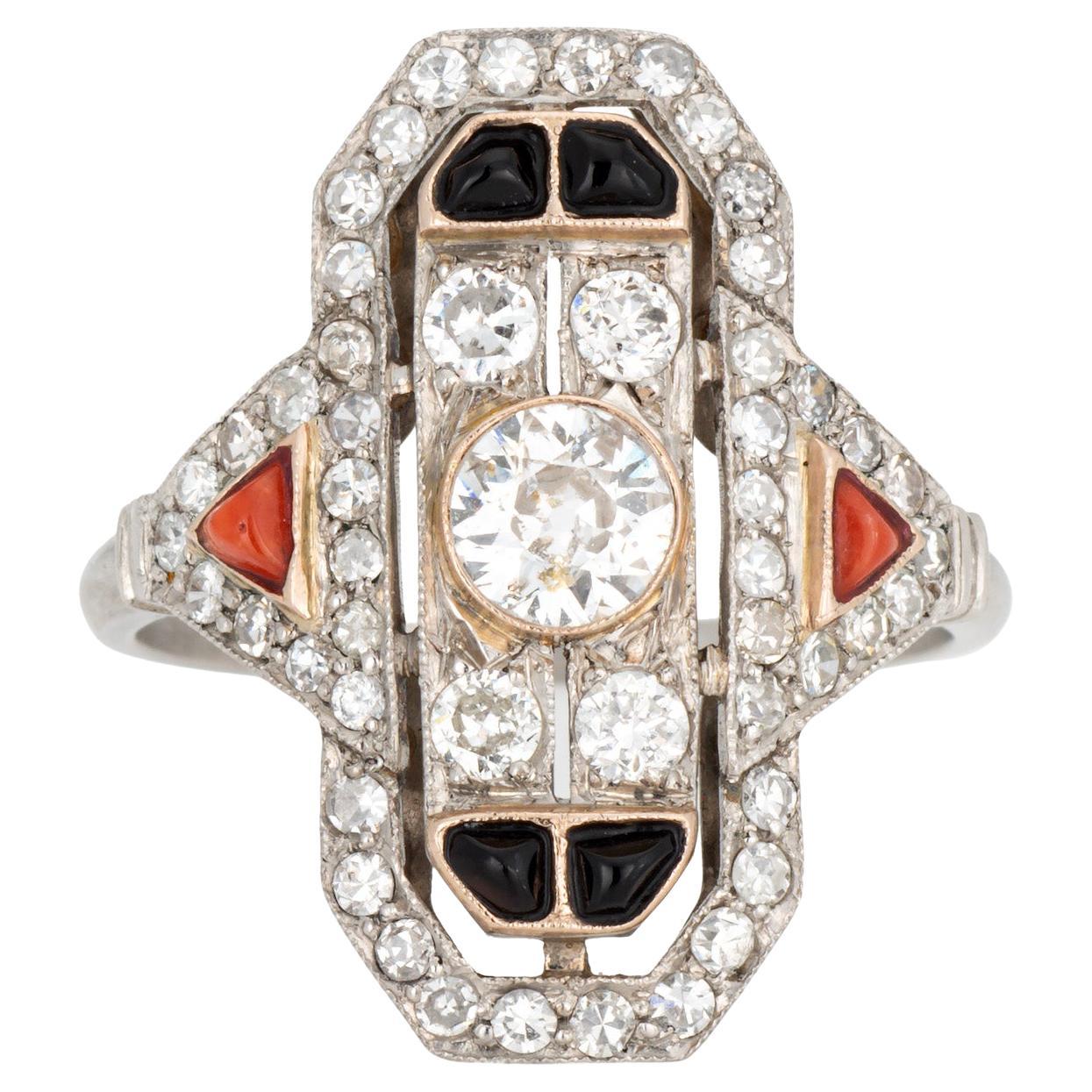 Vintage Art Deco Diamond Ring Coral Onyx Sz 9.75 Platinum Plaque Jewelry