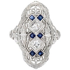 Vintage Art Deco Diamond Ring Filigree Plaque 18 Karat Gold Sapphire Jewelry