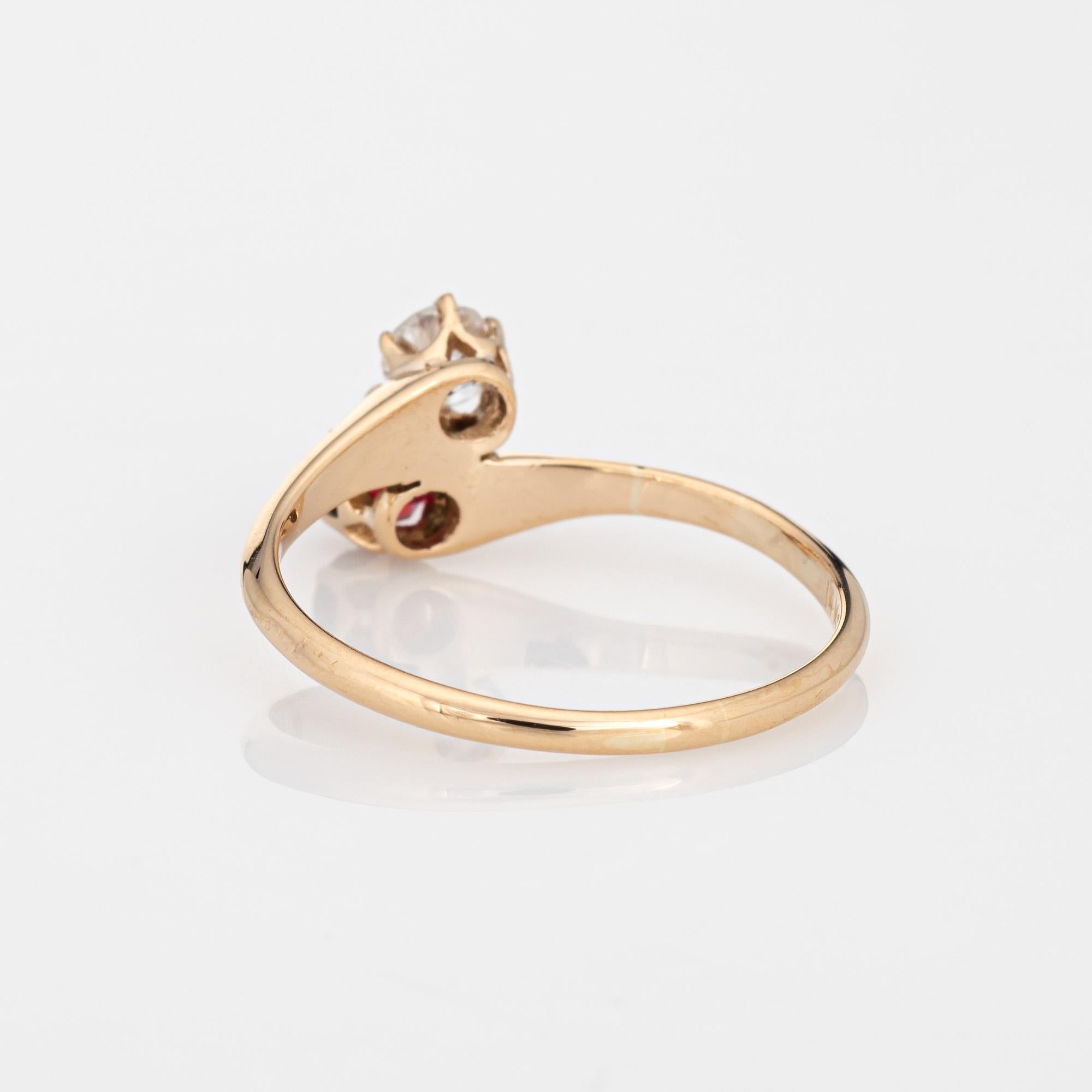 Vintage Art Deco Diamant-Ring Moi et Toi 14k Gold Gr. 7 Synthet-Rubin (Alteuropäischer Schliff) im Angebot