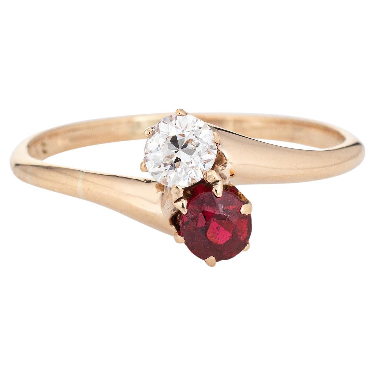 Vintage Art Deco Diamond Ring Moi et Toi 14k Gold Sz 7 Synthetic Ruby
