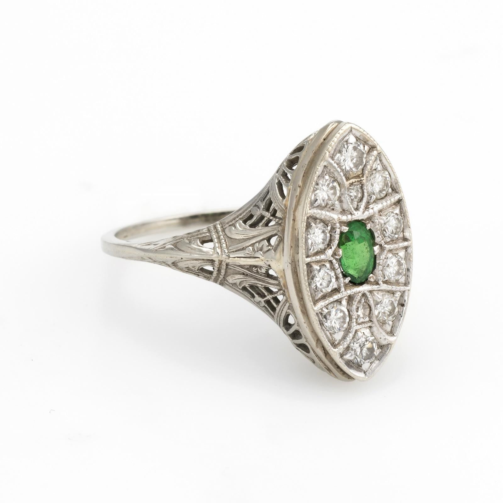 Oval Cut Vintage Art Deco Diamond Ring Navette Emerald 14k White Gold Filigree