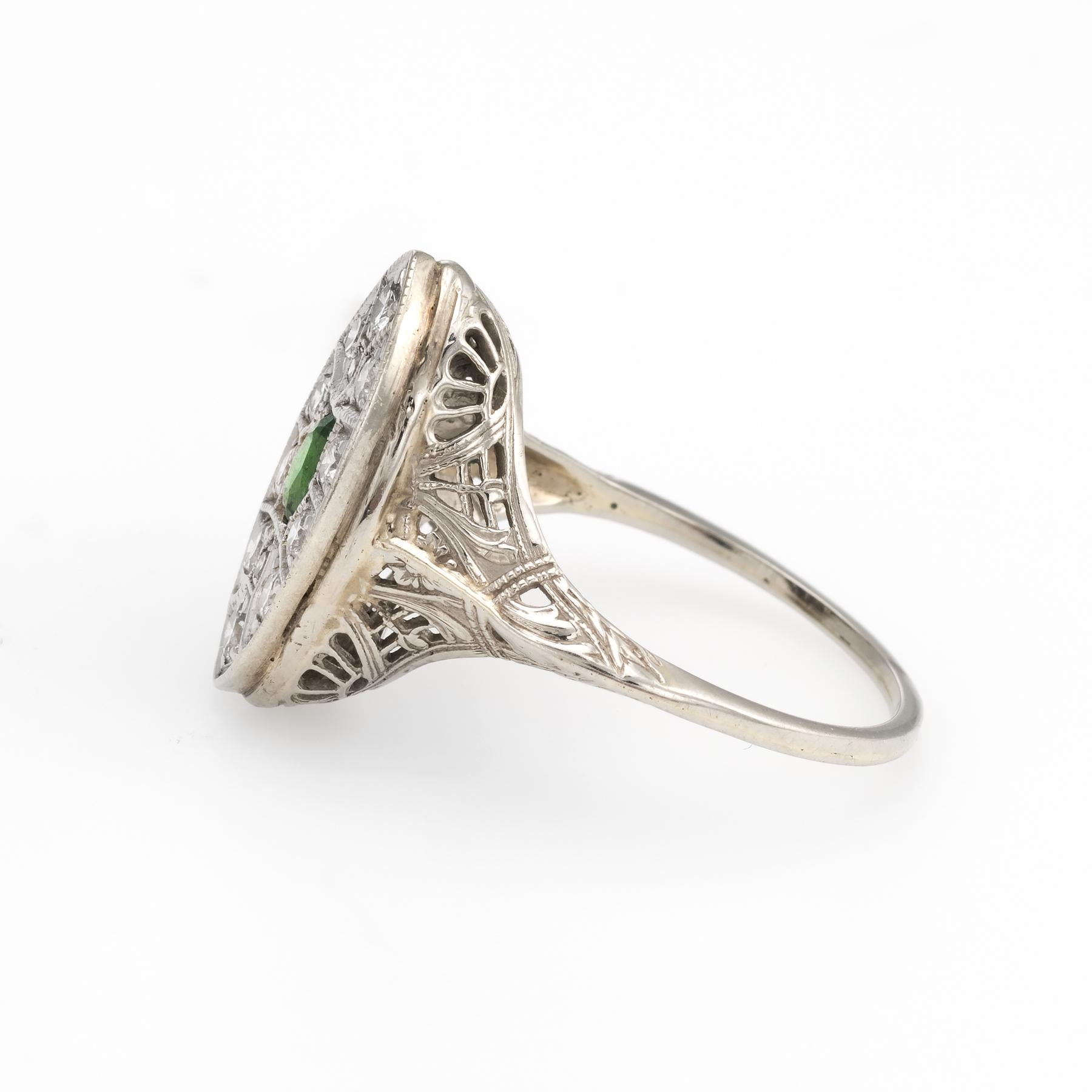 Vintage Art Deco Diamond Ring Navette Emerald 14k White Gold Filigree In Excellent Condition In Torrance, CA