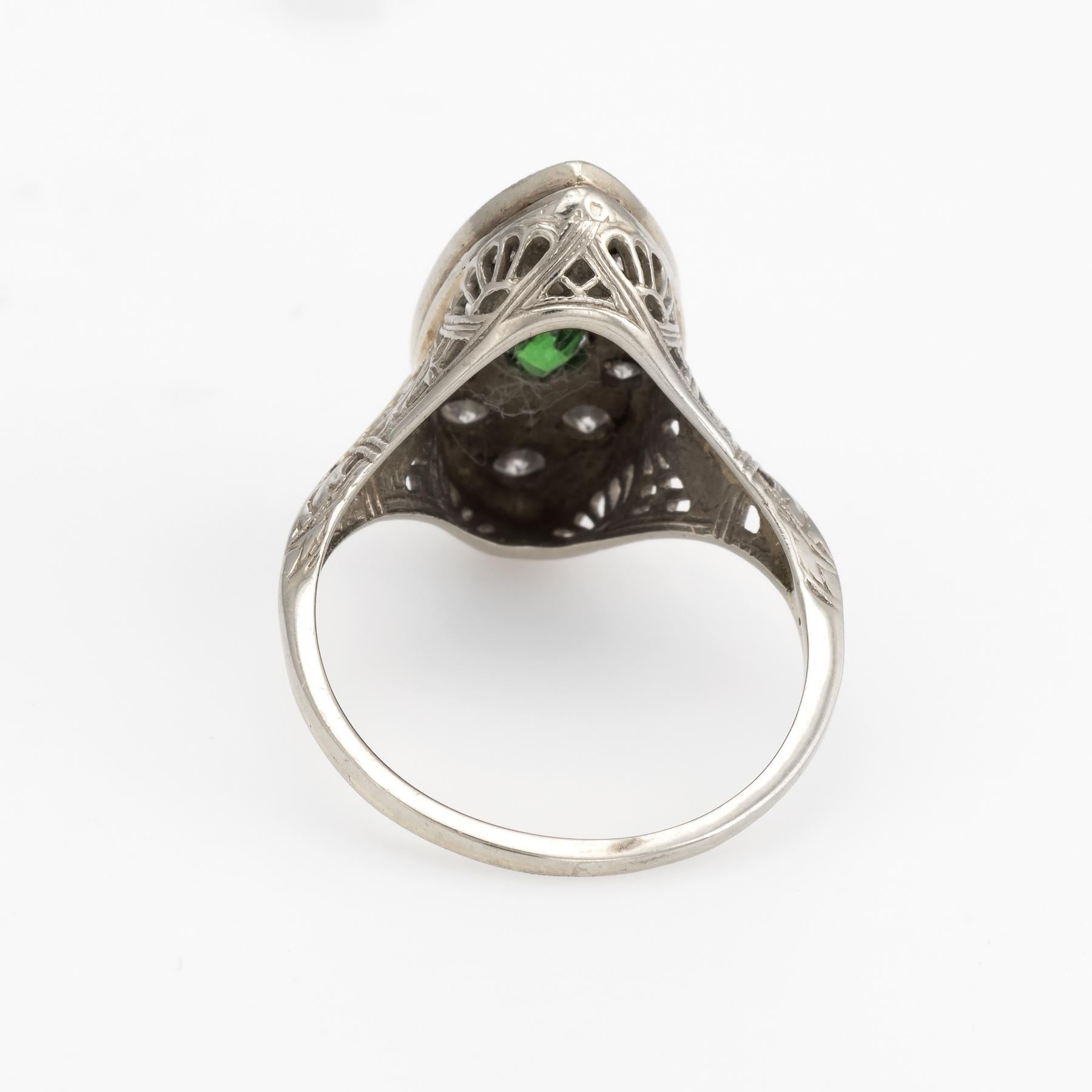 Women's Vintage Art Deco Diamond Ring Navette Emerald 14k White Gold Filigree For Sale