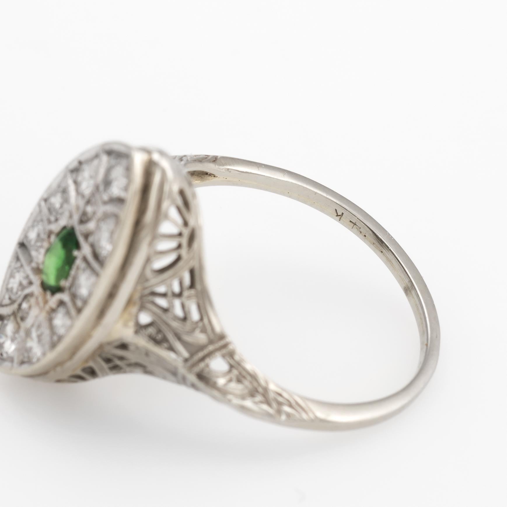 Vintage Art Deco Diamond Ring Navette Emerald 14k White Gold Filigree 2