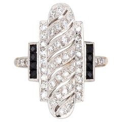 Vintage Art Deco Diamond Ring Onyx 18k Gold Platinum Elongated Cocktail Jewelry