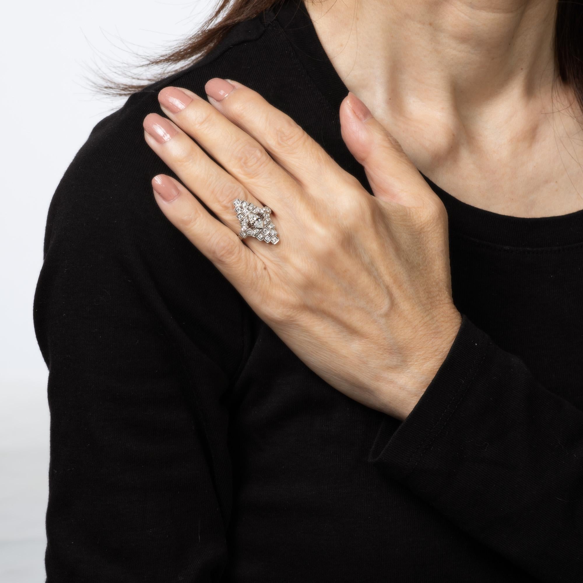 De las mujeres Vintage Art Deco Anillo de Diamantes S 5 Platino Navette Cocktail Fine Estate Jewelry en venta