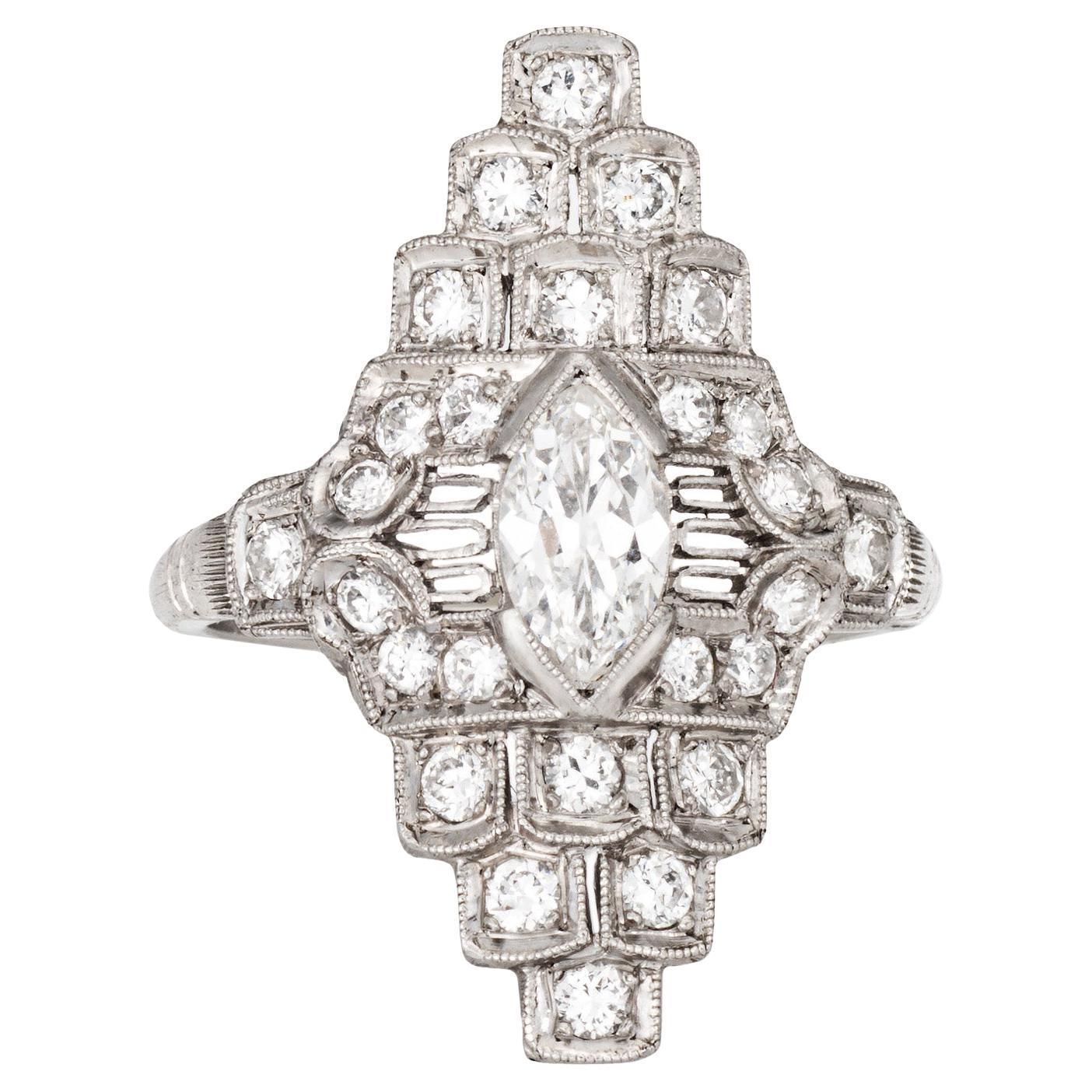 Vintage Art Deco Diamond Ring Sz 5 Platinum Navette Cocktail Fine Estate Jewelry
