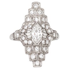 Anello di diamanti vintage Art Deco Sz 5 Platinum Navette Cocktail Estate Jewelry