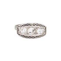 Vintage Art Deco Diamond Ring Sz 5.5 10k White Gold 3 Stone Band Fine Jewelry